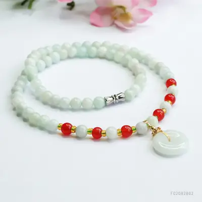 Natural Jade Peace Pendant Necklace with Red Accents