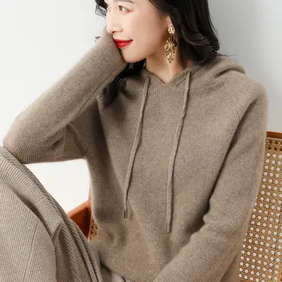 Women's Black Hooded Sweatshirt Coat 2024 Winter Outerwear