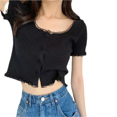 French Retro Knitted Shirt Purple Round Neck High Waist