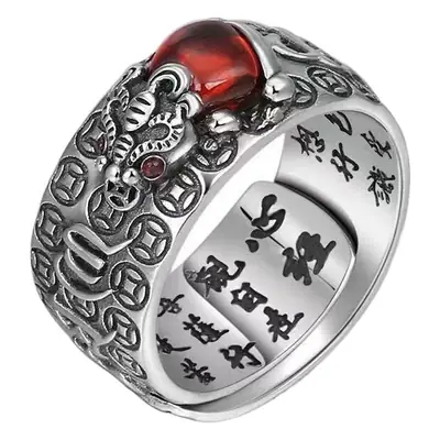 Retro Thai Silver Pixiu Ring Men Women Gold Garnet Six-Word True Opening Old Ring