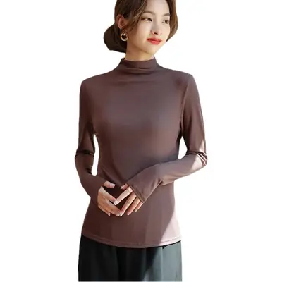 Women's Half Turtleneck Modal Shirt Brown Slim Fit