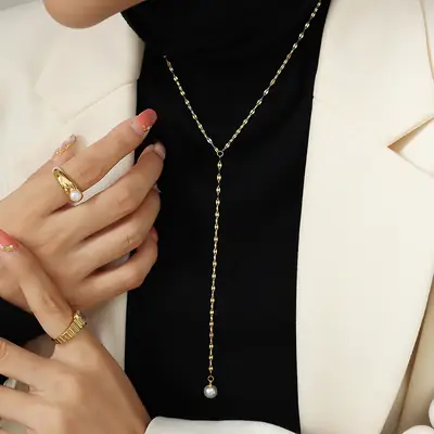 Tassel Long Necklace with Pearls & Titanium Clavicle