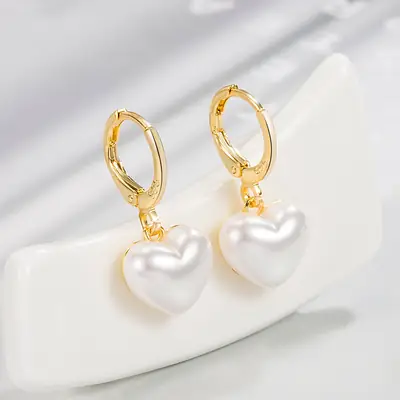 Love Pearl Heart Earrings Gold Plated Women