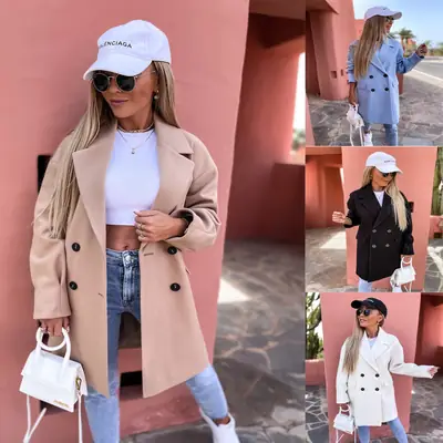 Women Woolen Winter Coat Light Blue Collar Straight Tube