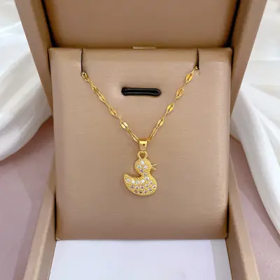 Titanium Chain Necklace with Full Diamond Duckling Pendant