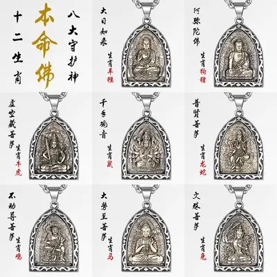 Titanium Buddha Pendant Necklace with Eight Patron Deity Design