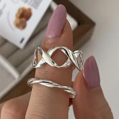 Ganjia S925 Sterling Silver Niche Design Sense Minimalist Style Simple Ring Women's Fashionable Personalized Food Finger Ring Adjustable Fashion