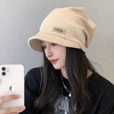Women Japanese Style Beige Bucket Hat with Face Embroidery