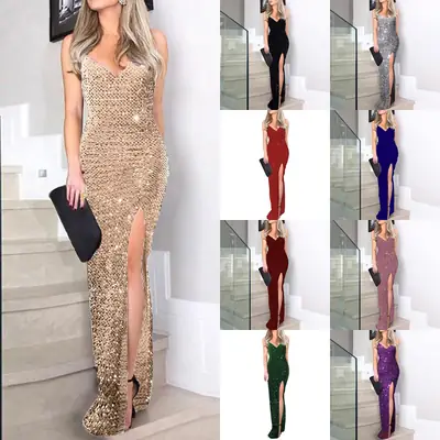 Women Sexy Sequin Split Dress Red European American