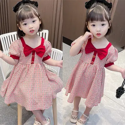 Girls Korean Style Puff Sleeve Plaid Dress Red White