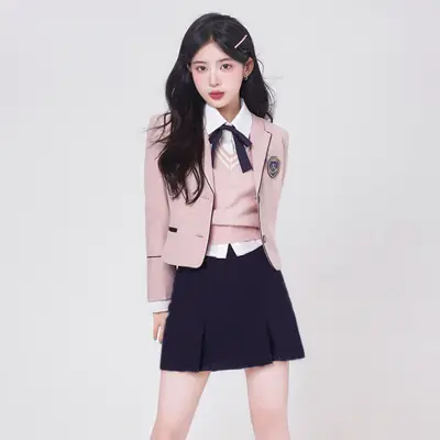 Japanese Style Pink Bow Neck Vest & Black Skirt Set for Women