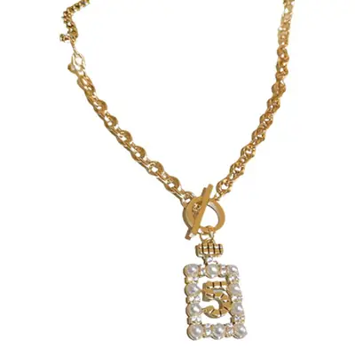 Alphanumeric Geometric Zircon Pearl T-Necklace