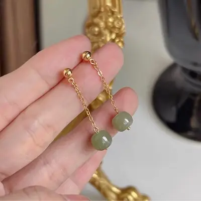 Natural Hetian Jade Long Earrings for Women