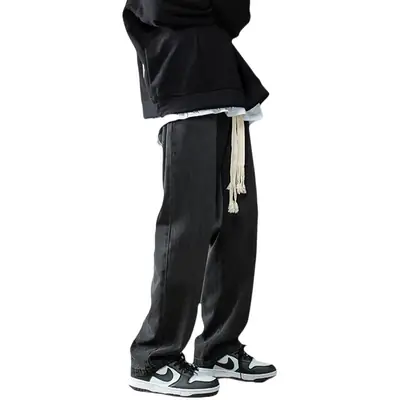 Men Braided Drawstring Jeans Wide Leg Trousers Blue