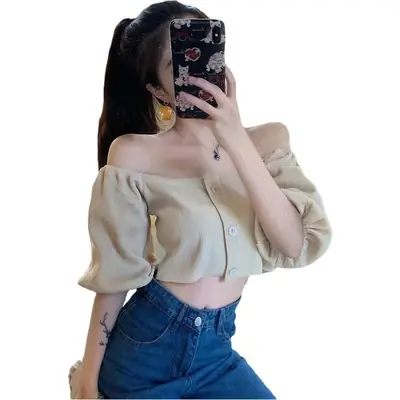 French Style Girls Bubble Top with Collar & High Waist