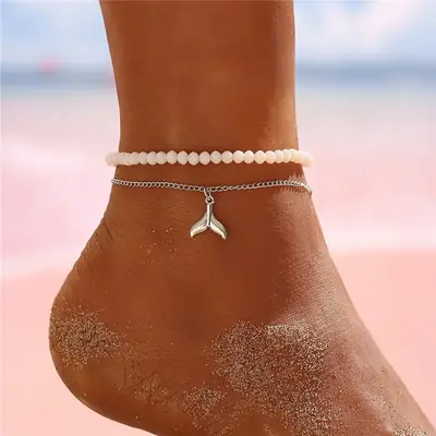 White Crystal Double Layer Anklet with Fish Tail Pendant