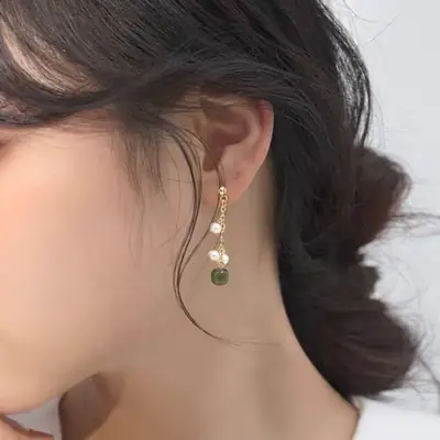 S925 Silver Needle Earrings with Freshwater Pearl & Jade Tassel