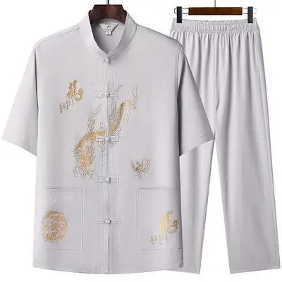 White Embroidered Tang Suit for Grandpa Summer Wear
