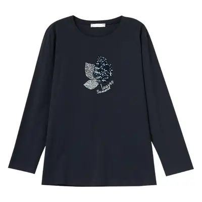 Women Navy Blue Graphic Long Sleeve T-Shirt