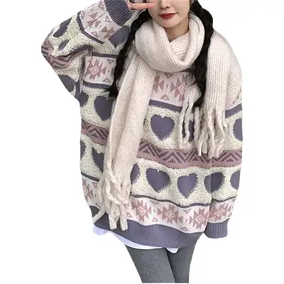 Women's Jacquard Love Sweater Long Sleeve Coat