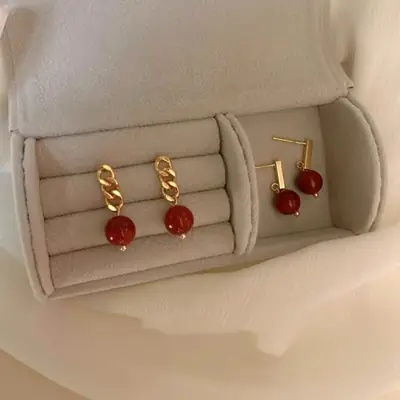 8mm Persimmon Red Agate Earrings 14K Gold Plated Women