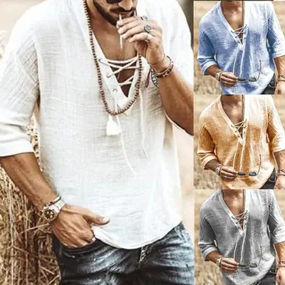 Men's Grey V-Neck Button T-Shirt Short Sleeve 2025
