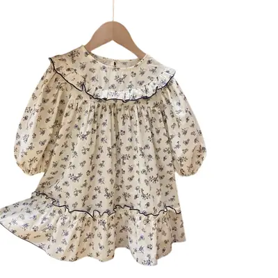 Girls Floral Long Sleeve Dress Korean Style 2024 Spring Fall