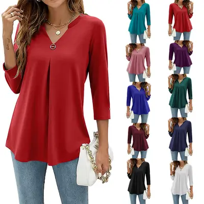 Black 3Q Sleeve V Neck Button Pleated T-Shirt for Women