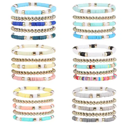 Ceramic Round Bead Bracelet 5 Set Retro Bohemian Gold Gray