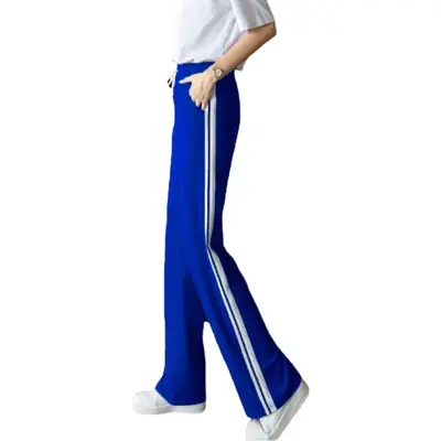 Women Blue Striped Wide Leg Pants High Waist Loose Fit