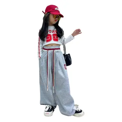 Girls Wide Leg Pants High Waist Navel Band Red Drawstring Set