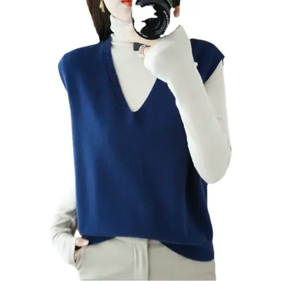 Women V-Neck Sleeveless Knitted Vest Blue White