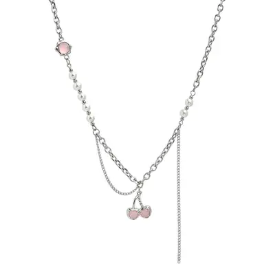 Pearl Chain Necklace with Cherry Earrings for Women