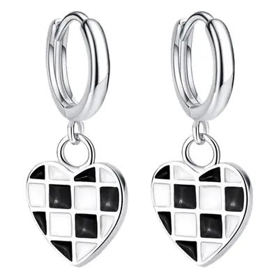 Heart-shaped Chessboard Earrings Silver Black White