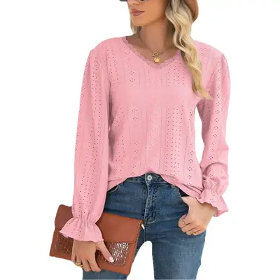 Women Long Sleeve Hollow Lace Top Purple