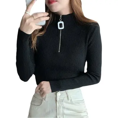 Women's White Knit Half Collar Long Sleeve Shirt 2023