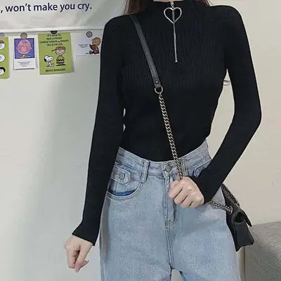 Black Slim Zipper Half High Collar Top