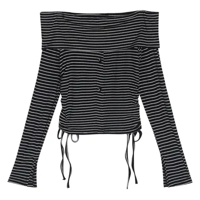 Women Striped One Shoulder Top with Drawstring Front & Long Sleeve