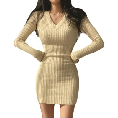 Women Knitted V-Neck Hip Skirt Dress Beige