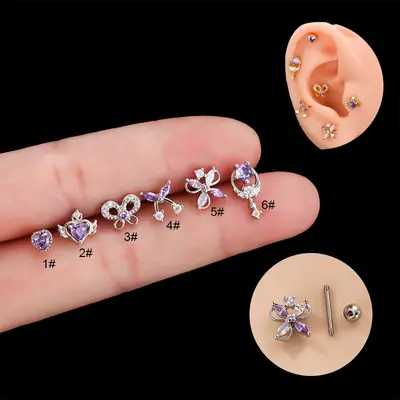 Purple Zircon Love Bowknot Ear Bone Nail Double Head Screw Stainless Steel Thin Rod Cartilage Ear Nail Fashion Puncture Earrings