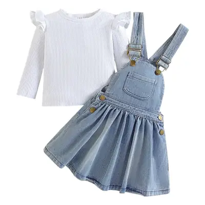 European and American children's clothing girls spring and autumn set White pit top denim strap skirt children's two-piece set a generation of hair