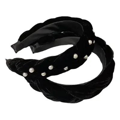 Black Velvet Twist Hairband for Women with Pearl Accents