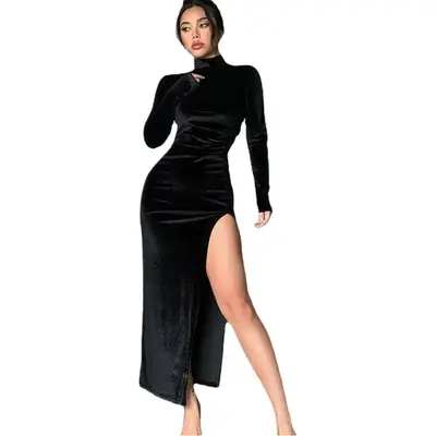 Blue Velvet High Collar Slim Fit Dress with Split