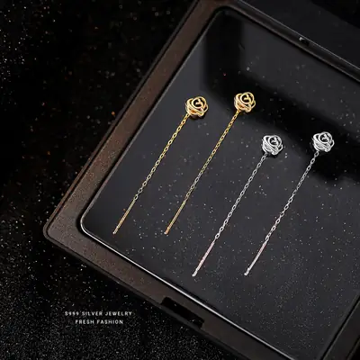 S999 Foot Silver Hollow Rose Tassel Earrings Women's Luxury Elegant French Style