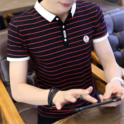 Men Striped Polo T-Shirt Black White Casual Summer