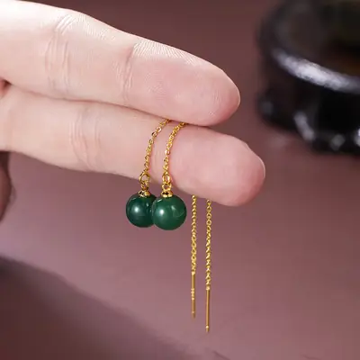 Korean Style Green Agate Dangle Earrings Gold Chain