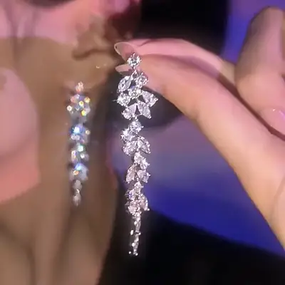 S925 Silver Needle Earrings with Zircon Leaf Tassel Design