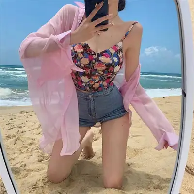 Women Floral Camisole Vest with Chest Pad Beach Wear