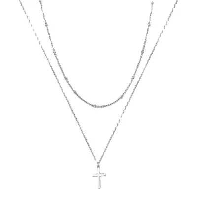 Stainless Steel Cross Chain Necklace with Double Layer Beads