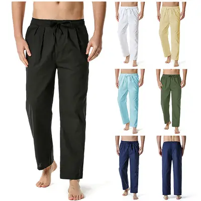 Men Linen Cotton Loose Pants Elastic Waist Yoga Pants